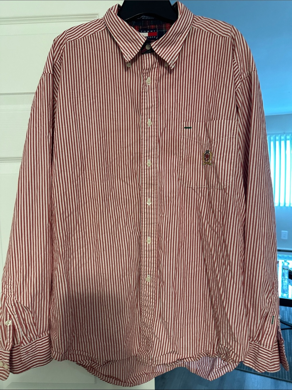 Tommy Hilfiger Red and White Narrow-Stripe Button-Down Shirt